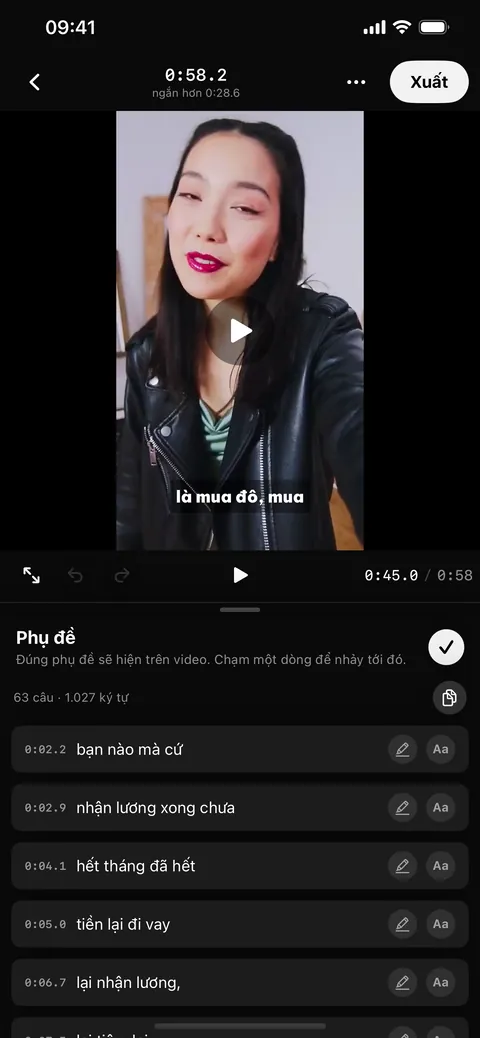 Danh sách câu phụ đề — chạm để sửa
