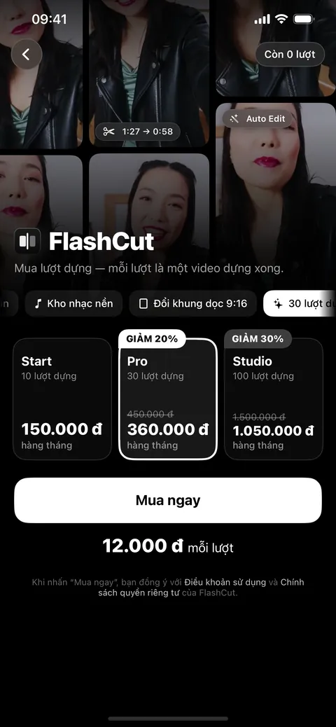 Gói cước: Start, Pro, Studio